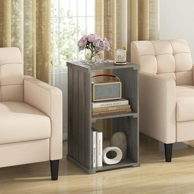 Giantex 2-Cube Bookcase, 3-Tier Paulownia Wood Cubic Organizer w/Open Back, Freestanding Cubby Storage Shelf, Slatted Wooden End Table, Farmhouse Style Bookcase for Living Room, Bedroom