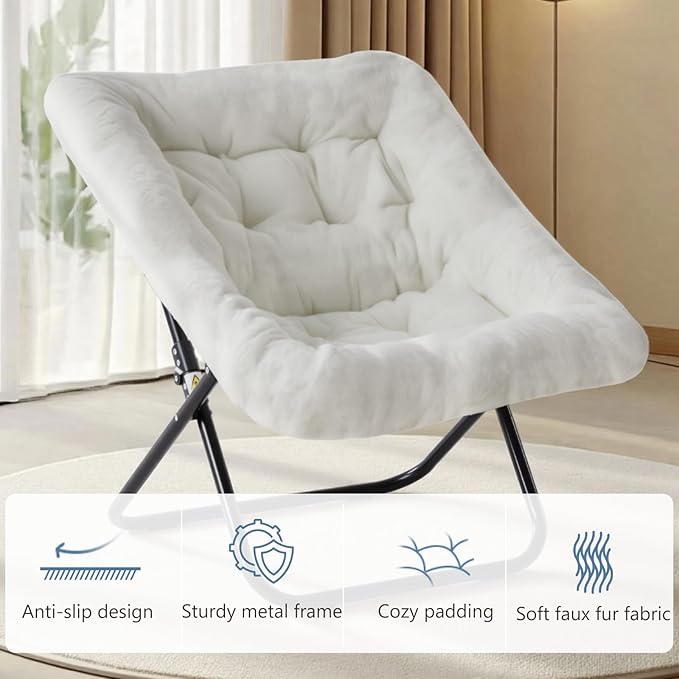 DUMOS Comfy Chair for Adults, Soft Faux Fur Folding Lounge for Bedroom Living Room Dorm Rooms Flexible Reading Chair for Teens, Large Size Foldable (Square-Creamy)
