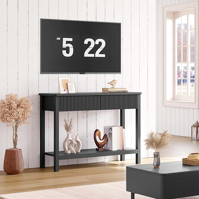 HOOBRO 39.3'' Console Table, Narrow Entryway Table with 2 Wavy Drawers, Sofa Table with 2 Tier Storage Shelf, Behind Couch Table, Display Stand, for Hallway, Entryway, Living Room, Black BK89XG01