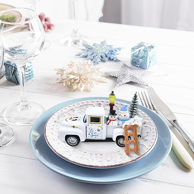 Let It Snow Winter Snowflake Decorations Farmhouse Metal Truck with Mini Snowman Xmas Tree Figurines Christmas Table Decorations Indoor Holiday Winter Tiered Tray Decor for Home Kitchen Party Favor
