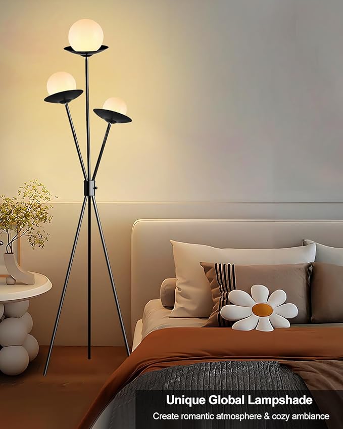 Lightdot Tripod Floor Lamp Dimmable Globe Floor Lamps with 3 LED Bulbs, 3000K Soft Warmwhite Mid Century Modern Standing Lamps Black Tall Lamp for Living Room Bedroom