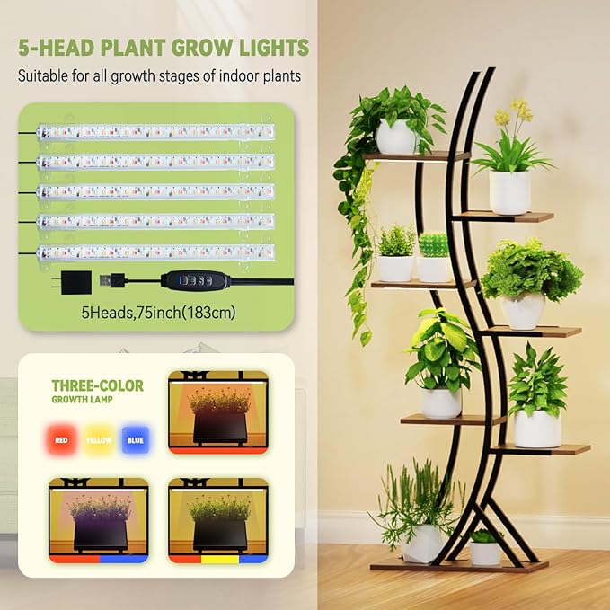 Indoor Plant Shelf Featuring Grow Lamp, 60.24" High 7-Tier Exhibition Unit, S-Curve Corner Design for Floral and Foliage Showcase in Living Area, Patio, Balcony Décor