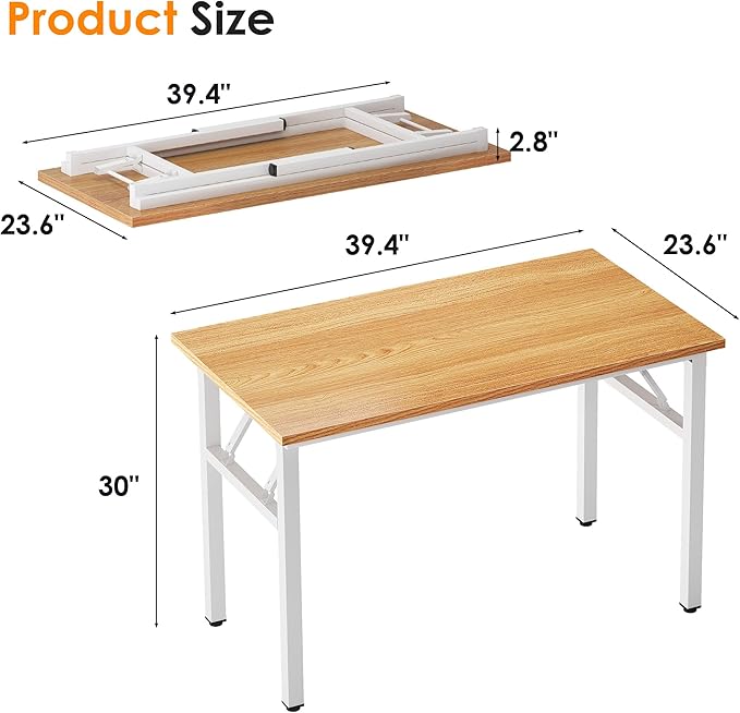 Need Folding Computer Desk - 39.4 Inch Foldable Office Writing Work Study Kids Student Teacher Home Bedroom Table for Small Space, Teak & White