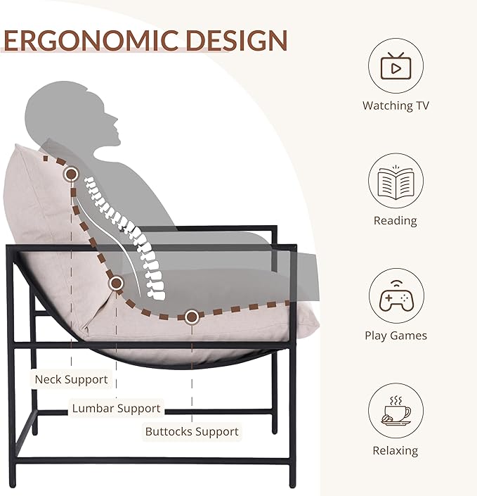 Sling Accent Chair with Metal Frame, Modern Armchair with Memory Foam Cushion, Comfy Lounge Chair for Living Room Bedroom Balcony, Beige