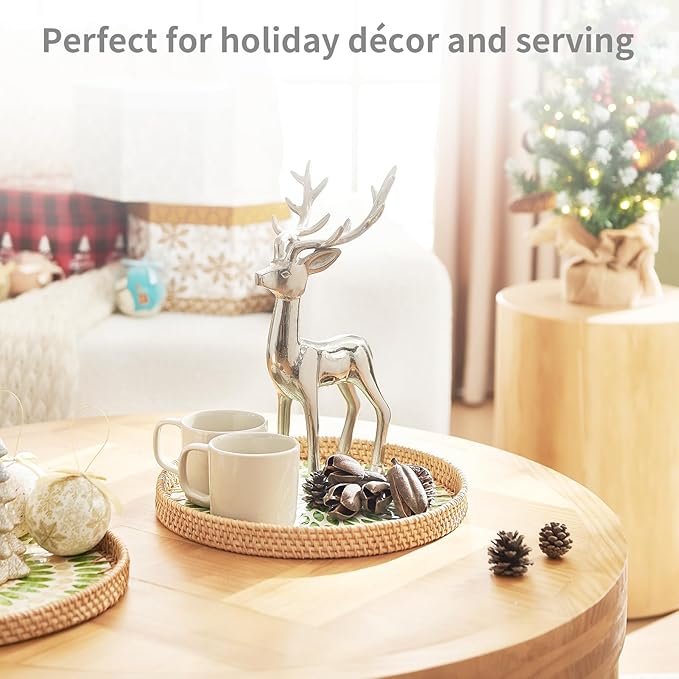 Rattan Tray with Mother of Pearl Inlay, Round Rattan Serving Tray with Wooden Base, Decorative Wicker Basket for Table Decor, Mosaic Tray for Storage and Display of Jewelry Coffee Food (Aqua Green)