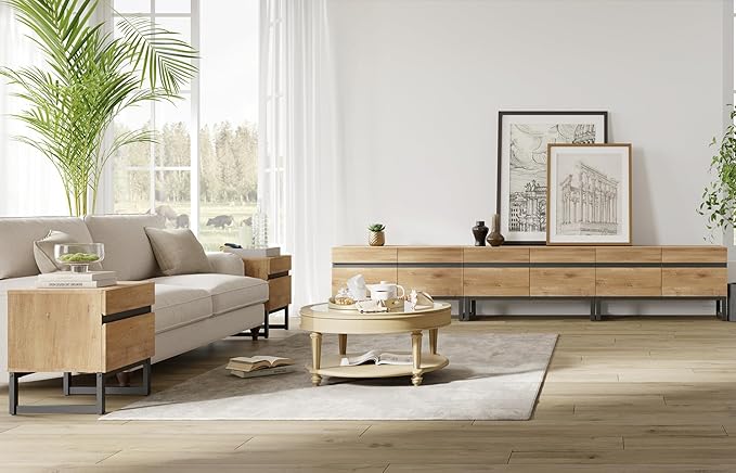 WAMPAT Modern End Table with 2 Drawers, Farmhouse Sofa Table with Black Square Iron Leg, Wood Rustic Side End Table for Living Room, Nighstand for Bedroom, Oak