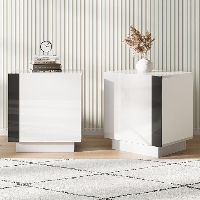 AMERLIFE 2PCS Entertainment Center Side Table Set with Storage, Modern High Gloss End Tables with 2 Cabinet Doors, for Living Room/Bedroom/Office, White/Black
