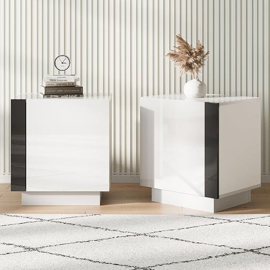 AMERLIFE 2PCS Entertainment Center Side Table Set with Storage, Modern High Gloss End Tables with 2 Cabinet Doors, for Living Room/Bedroom/Office, White/Black