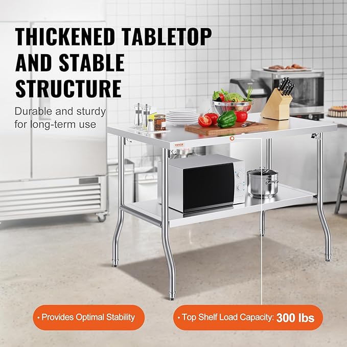 VEVOR Commercial Worktable Workstation 48x30 Inch Folding Commercial Prep Table, Double-Shelf Stainless Steel Folding Table, Kitchen Work Table with 772 lbs Load Silver Stainless Steel Kitchen Island
