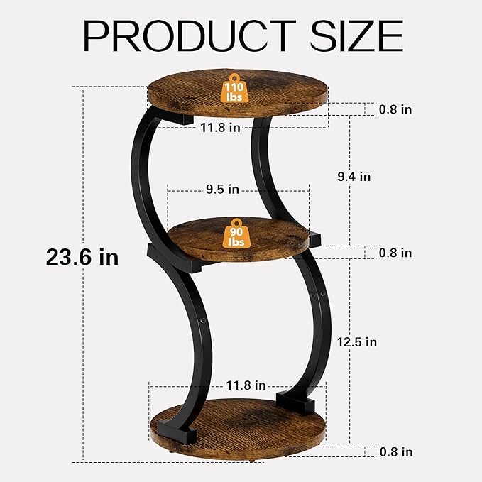Small Side Table, 3-Tier Round End Table for Living Room, S-Shaped Accent Table for Small Spaces Sofa Couch Bedroom, Vintage Nightstand Wood Metal Coffee Table with Storage Shelf, Rustic Brown