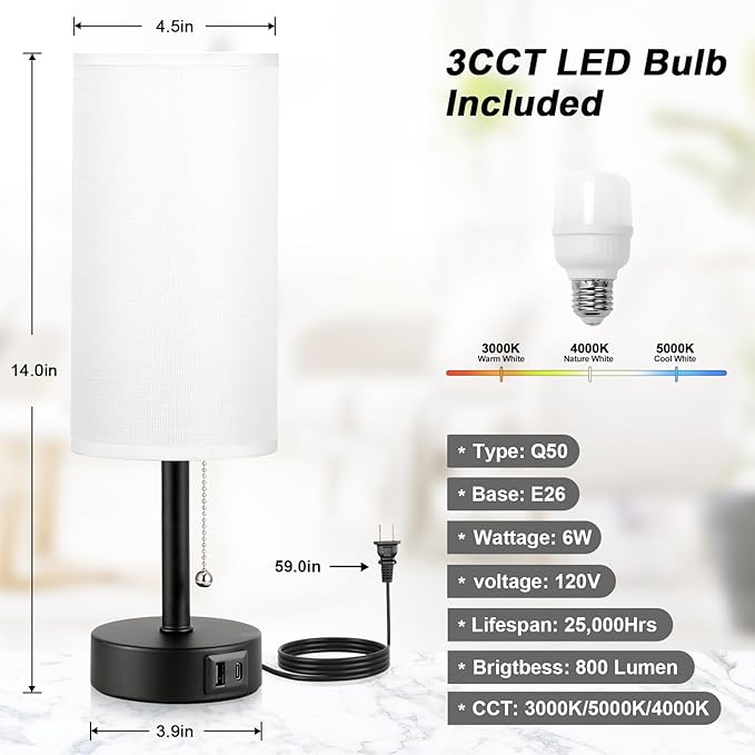 White Table Bedside Lamp for Bedroom Nightstand - Small Lamp with USB A + C Charging Port, 3 Color Temperatures Pull Chain Night Stand Light with Bulb, Side Table Desk Reading Lamp for Living Room