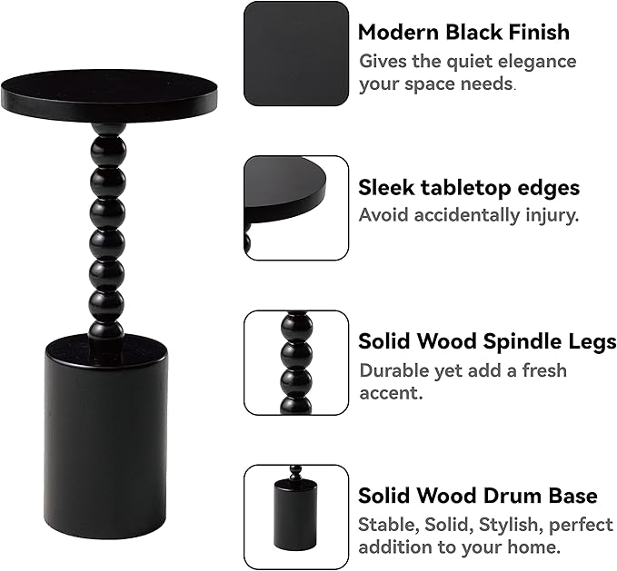 LONYKE Wood Drink Table, Round Martini Table, Modern Pedestal End Table with Base for Small Space Living Room, Bedroom, Black