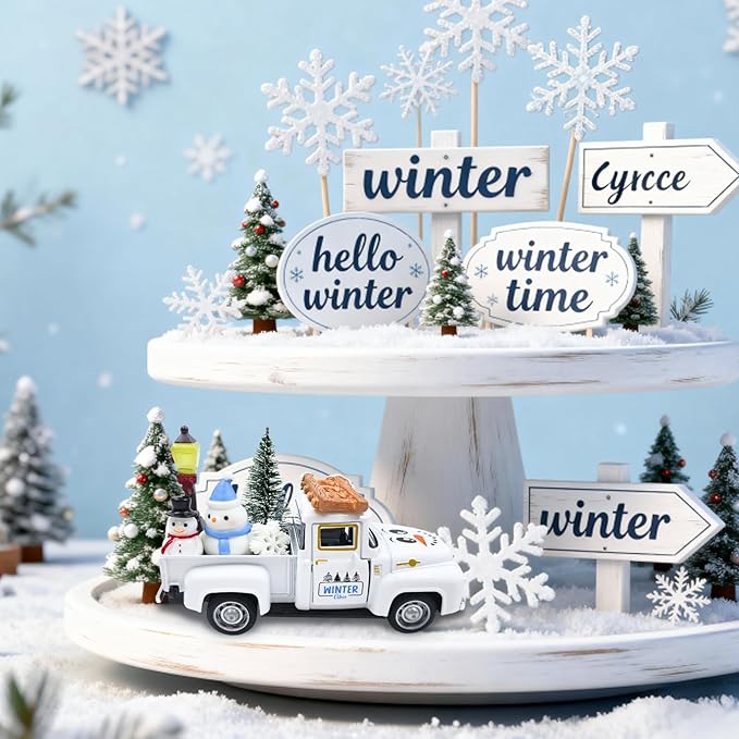 Let It Snow Winter Snowflake Decorations Farmhouse Metal Truck with Mini Snowman Xmas Tree Figurines Christmas Table Decorations Indoor Holiday Winter Tiered Tray Decor for Home Kitchen Party Favor