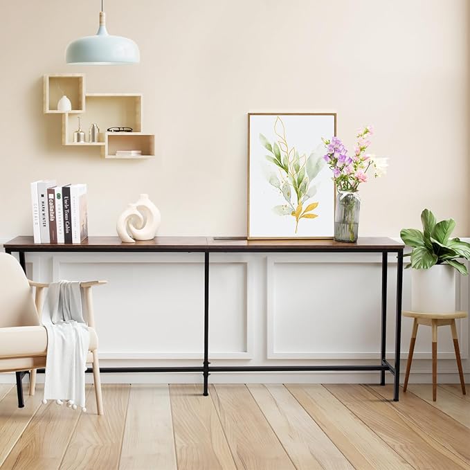 63 Inch Sofa Table，Narrow Console Table with Power Outlet，Slim Entryway Table for Living Room,Hallway,Bedroom(Rustic Brown)