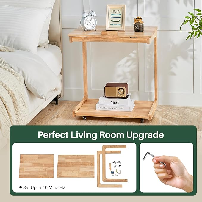 C Shaped Rolling End Table with Wheels - Solid Wood Side Table for Couch, Wooden Modern Tv Tray Bedside Tables for Sofa Armchair Living Room Bedroom, Natural, 15.4 in x 23.6 in x 24.8 in