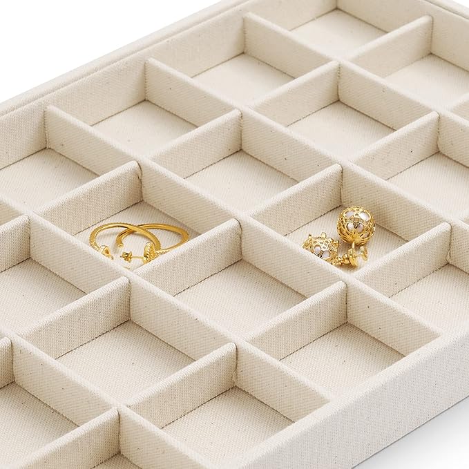 24 Girds Linen Jewelry Tray Earring Organizer Tray Ring Earrings Holder Jewelry Drawer Organizer Storage Display(Beige)