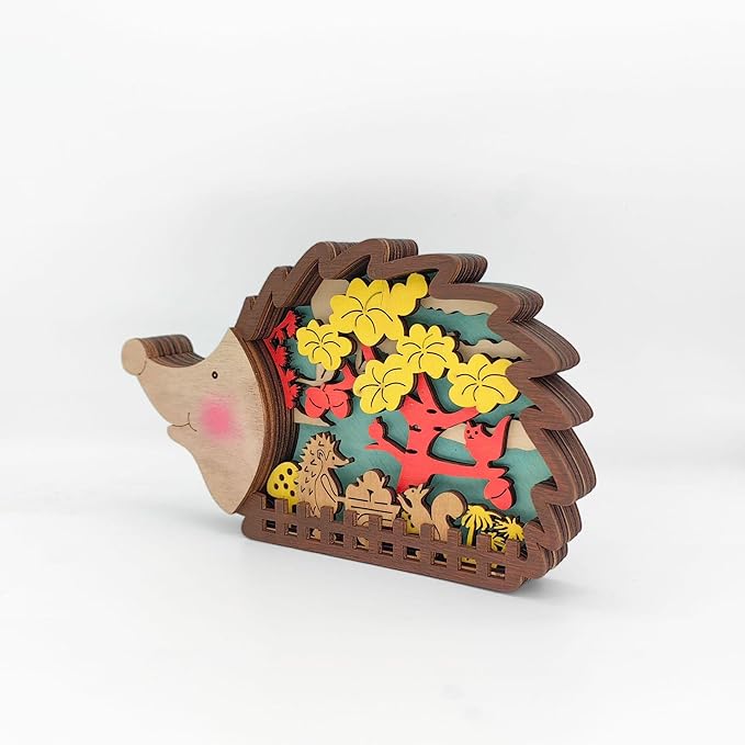 3D Wooden Carving Animals Lamp - Creative Fox Squirrel Wood Carved LED Night Light Garden Yard Wooden Animals Sculpture Ornaments Desktop Home Decor Birthday Gifts for Family Friend (Hedgehog)