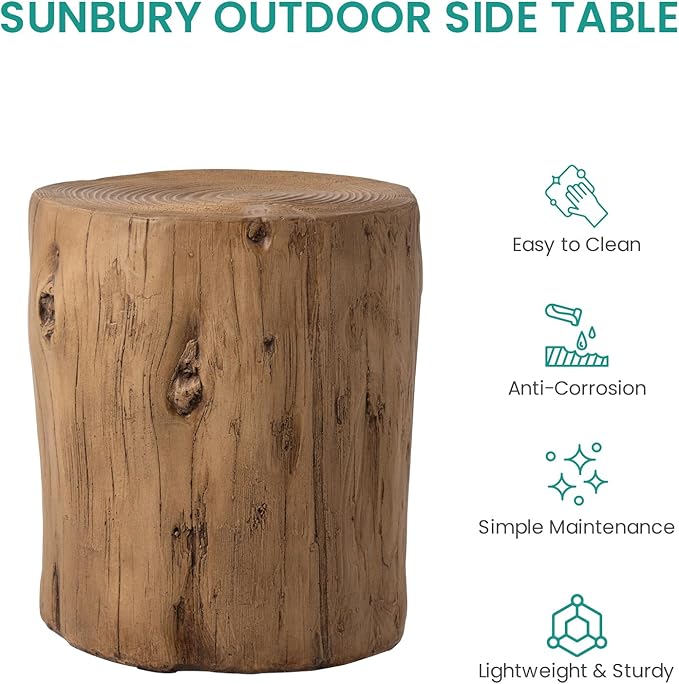 SUNBURY Outdoor Stump Side Table, Faux Wooden Concrete Side Table, Tree Stump Wooden Stool, Patio End Table, Round Outdoor Accent Drum Table, Light Brown Ottoman or Plant Stand