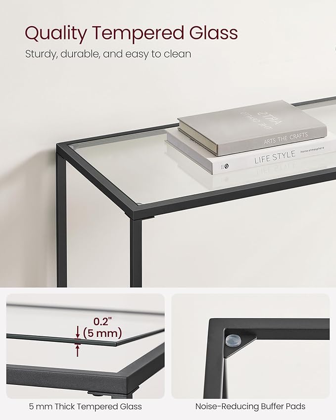 VASAGLE 39.4 Inches Console Table, Tempered Glass Sofa Table, Modern Entryway Table, Metal Frame, Easy to Assemble, Adjustable Feet, for Living Room, Hallway, Black ULGT026B01