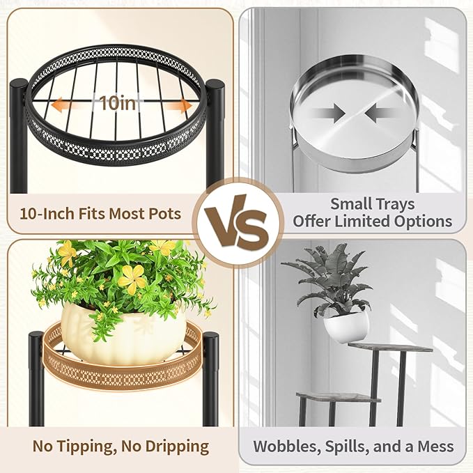 LASZOLA 5 Tiered Folding Tall Plant Stand for Indoor Outdoor Corner, Larger Heavy Duty Metal Adjustable Multiple Rack with 10 Inch Wide Hollow Tray, Flower Planter Holder for Modern House Patio, Black