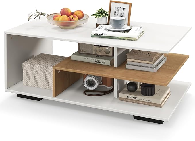 COSTWAY Morden Coffee Table with Storage Shelves, 36 Inch 3-Tier Rectangular Wooden Tea Table, Accent Center Table for Living Room Apartment Reception, White