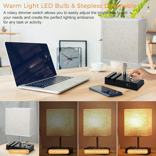 Nightstand Lamp for Bedroom with USB A + C Ports, Small Bedside Table Lamp with Charging Outlets and Phone Stands, 3 Color Temperatures Night Stand Light with Bulb for Living Room