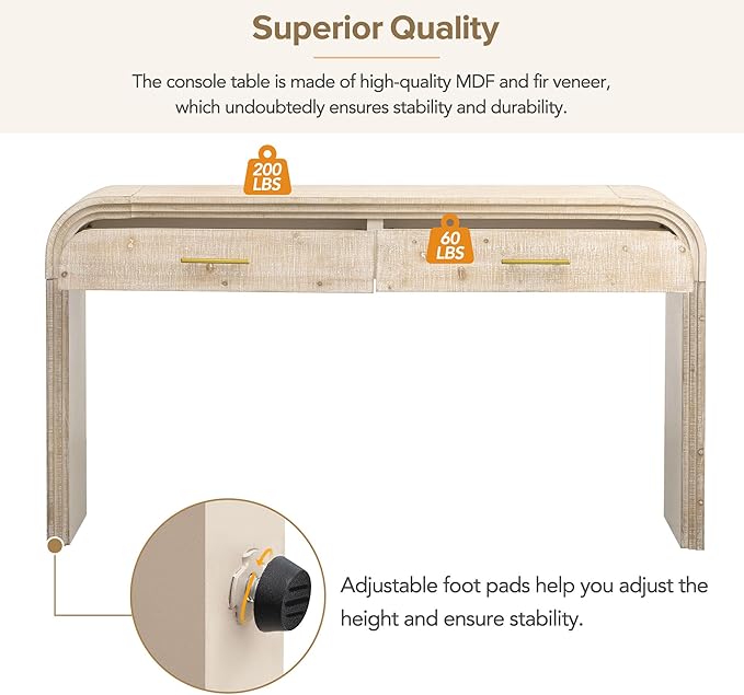 kevinplus 59'' Retro Console Table Farmhouse Sofa Table Entryway Table with Drawer, Modern Mid-Century Wood Console Sofa Table for Living Room Bedroom Hallway, Adjustable Foot Pad, Natural Wood Wash
