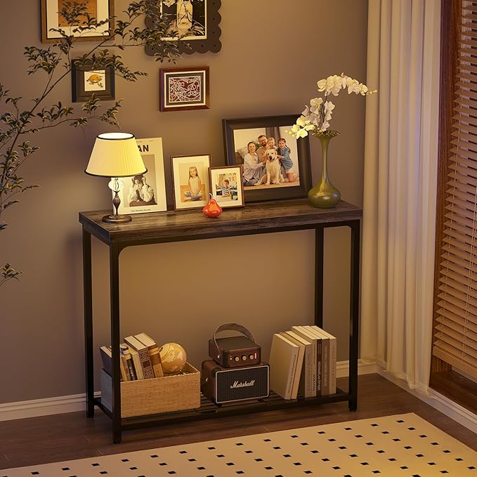 Console Table, Entryway Table, Sofa Table with Mesh Shelves, Console Tables for Living Room, Bedroom, Hallway, Entryway, Foyer (2 Tier, Oak Grey, 32 inch)
