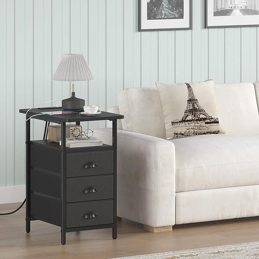 End Table with Charging Station, Side Tables Livingroom with USB Ports and Outlets,Narrow Nightstands Bedside Tables with 3 Drawers PU Finish for Small Space,Slim Sofa Table Bedroom,Black
