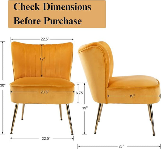 Velvet Accent Chair Set of 2 Comfy Living Room Chair Armless Slipper Mid Century Side Single Sofa Chair with Golden Legs Wingback for Bedroom Guest Room, Yellow