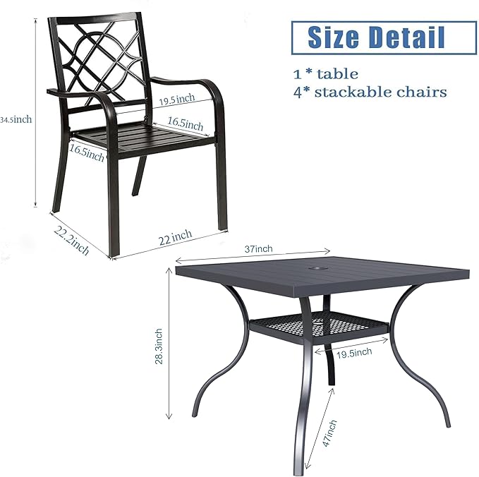 Oakcloud 37" x 37" Patio Dining Table, Outdoor Metal Square Table Patio Furniture Classic Black Table with 1.57" Umbrella Hole, for Garden Backyard Poolside Deck