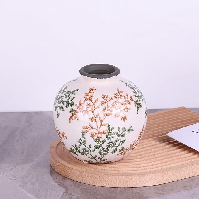 Vintage Green and White Brown Round Vase, Chinoiserie Porcelain Green Floral Vase, Mid Century Modern Pottery Flower Vases for Bouquet and Home Rustic Farmhouse Dining Table Decor