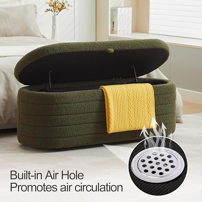 Storage Ottoman Bench End of Bed for Bedroom,45 inch Boucle Upholstered Entryway Shoe Seat Bench w/ Storage,Sherpa Modern Cute Padded Blanket Chest Stool Foot Rest for Living Room,Window Seating,Green