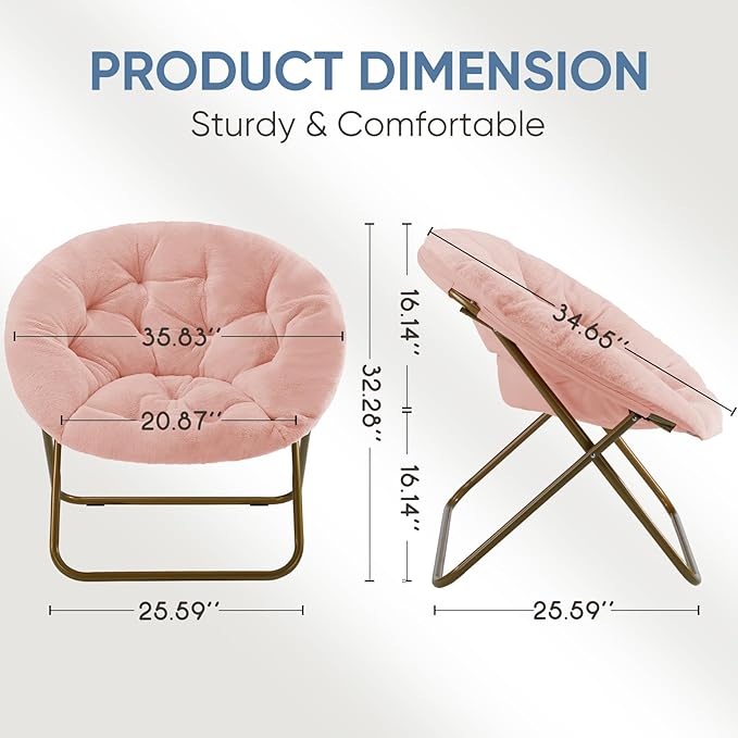 DUMOS Comfy Saucer Chairs Cozy Faux Fur Soft Lounge Cute Folding Bedroom Living Room Seat Flexible Reading Foldable Seating for Kids Adults Thick Padded Metal Frame Modern for Home Office Pink