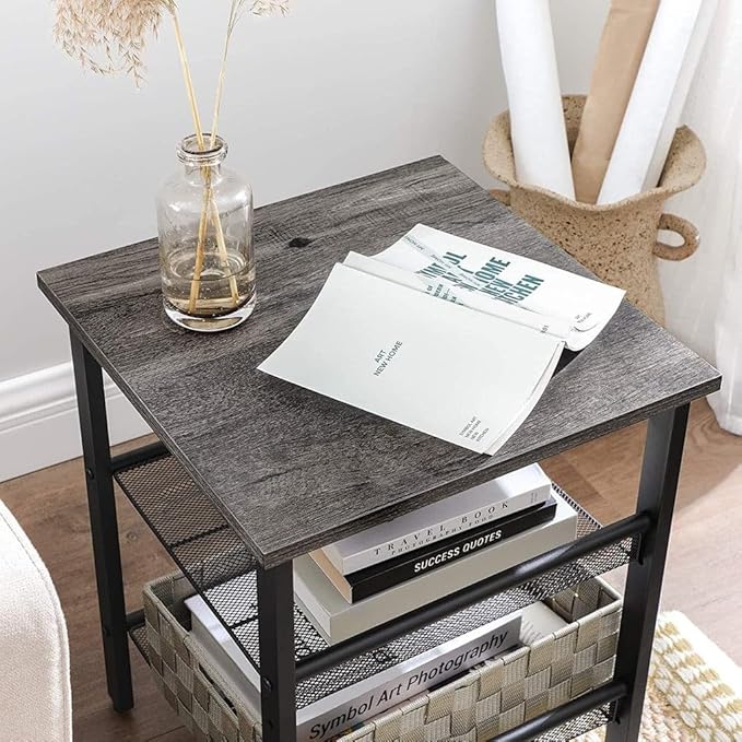 VASAGLE Nightstand, Set of 2 Side Tables, End Tables with Adjustable Mesh Shelves, for Living Room, Bedroom, Industrial, Stable Steel Frame, Easy Assembly, Charcoal Gray and Black ULET024B04
