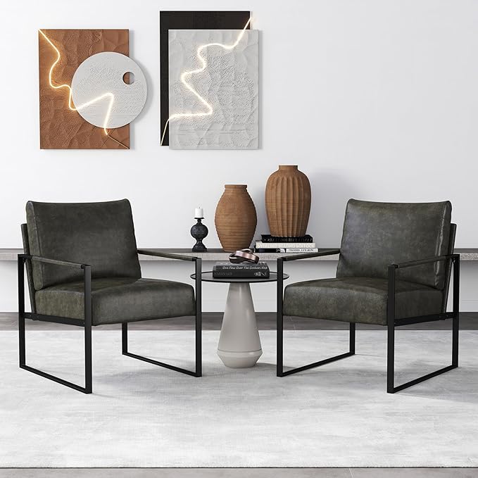CANMOV Modern Accent Chair Set of 2, PU Leather Armchair with Metal Frame,Comfy Single Reading Chair with Soft Padded Backrest and Cushion for Living Room, Bedroom,Reading Room,Office,Dark Grey