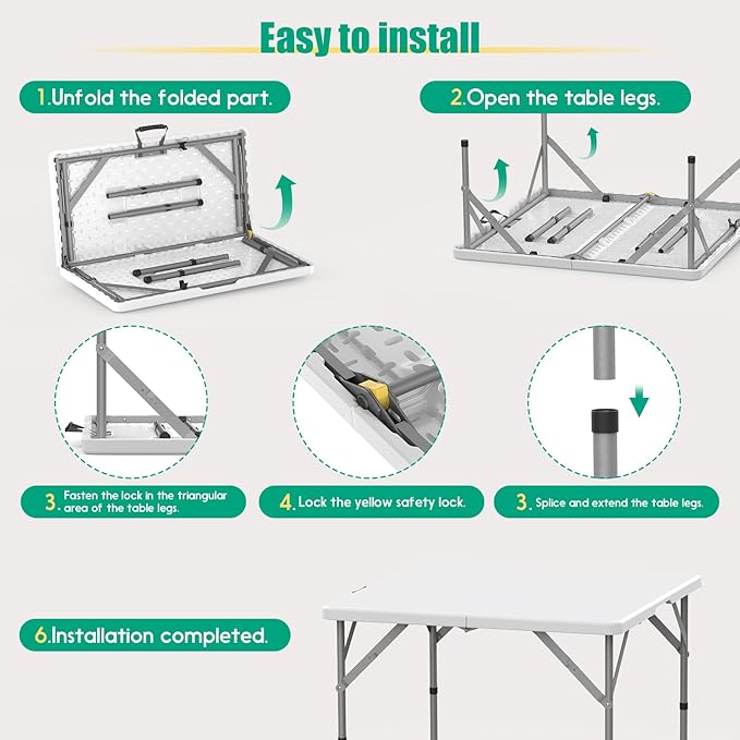 HLPB 34'' Square Folding Card Table 2 Pcs, Fold-in-Half Portable Dining Table with Handle and Safety Lock, Foldable Plastic Dining Table Indoor Outdoor for Camping, Picnic and Party Event, White