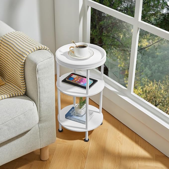 Small White Side Table, Round End Table with Wood Grain Texture, 3-Tier Farmhouse Nightstand for Bedroom & Living Room, 21.7" H Cute Accent Table for Nursery, Bathroom, Small Spaces (Classic, White)