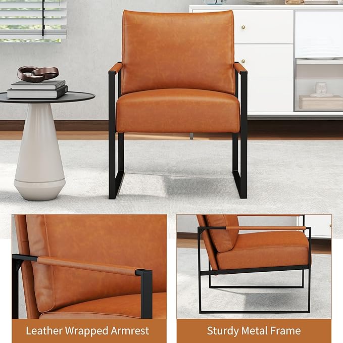 CANMOV Modern Accent Chair Set of 2, PU Leather Armchair with Metal Frame,Comfy Single Reading Chair with Soft Padded Backrest and Cushion for Living Room, Bedroom,Reading Room,Office,Brown