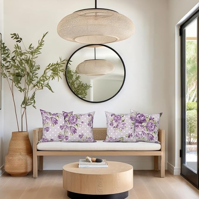 Purple Flower Throw Pillow Covers 20"x20" Set of 4, Retro Floral Sofa Pillowcases for Chair Couch Bed Living Room Office Car Garden Patio Farmhouse Indoor Outdoor Decorative