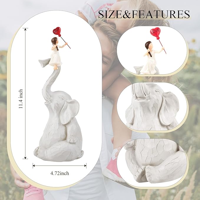 Elephant Statue Home Decor - Handmade Resin Sculpture Girl with Love Balloon Sitting on Elephant Figurines, Gifts for Women Girl Birthday