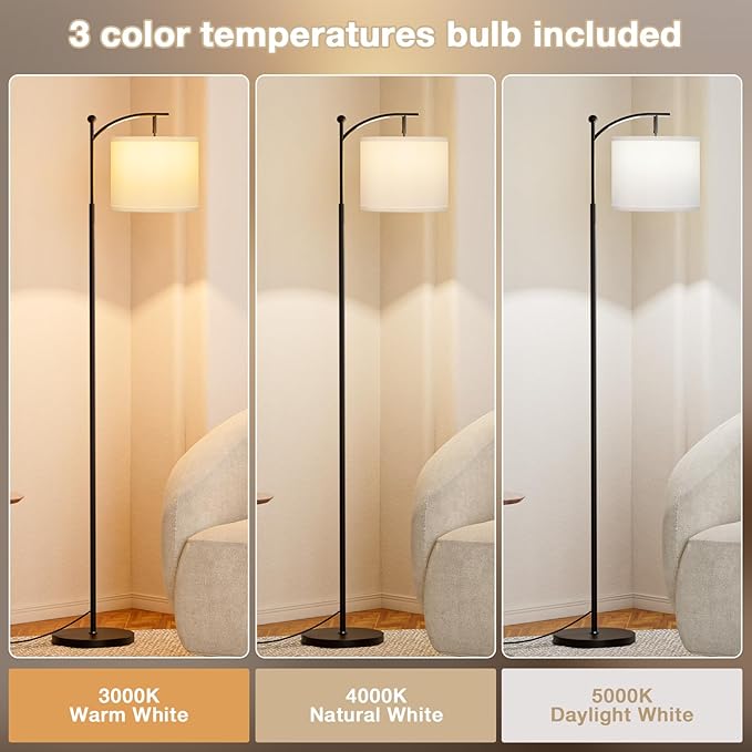 60" Floor Lamp With 3 Color Temperatures, Adjustable White Shade, Black Pole - Tall Lamp for Living Room, Bedroom, Office, Classroom, Dorm - 9W Bulb Included