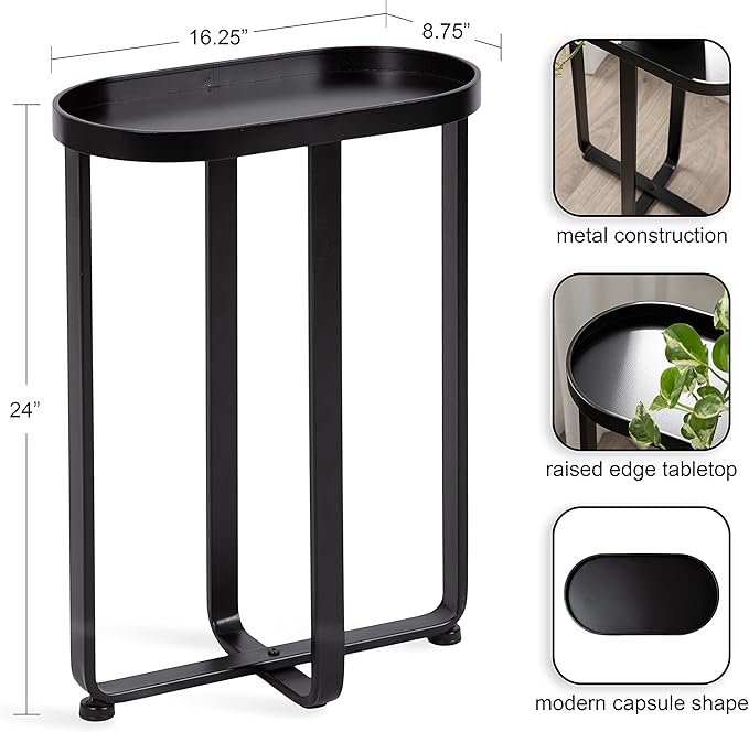 Kate and Laurel Zabel Capsule Narrow Metal Side Table; 17 x 9 x 24; Black; Decorative Transitional Slim Rounded Oval End Table for Small Spaces and Display