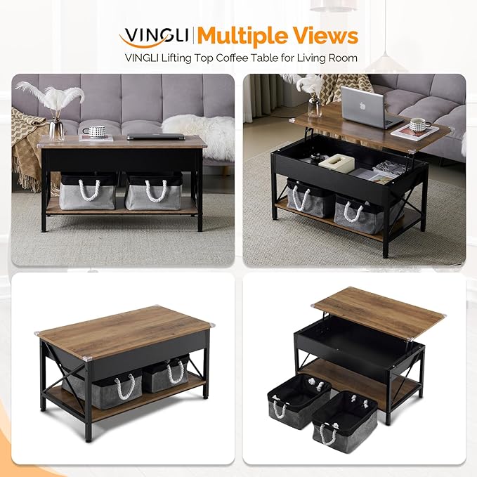 VINGLI 36" Lift Top Coffee Table with Free Cloth Storage Bins, Rustic Framhouse Black Coffee Tables for Living Room, Small Modern Coffee Table for Small Space in Minimalistic Style, Black