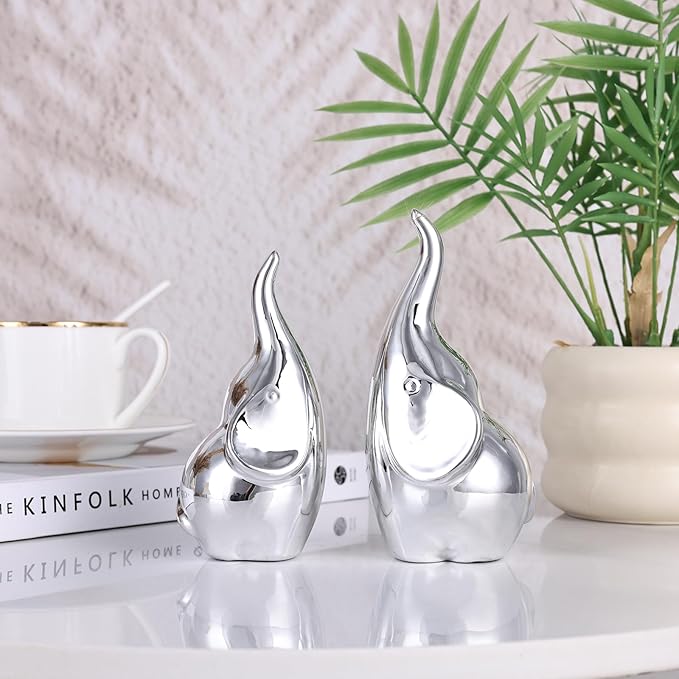 Ceramic Elephant Figurines with Trunk Up, Pair Couples Loving Statue, Small Figurines Sculpture African Home Decor, Valentine Elephants Gifts for Women, Wedding Knick Knacks(Silver
