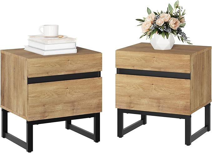 WAMPAT 2 Piece Modern End Table with 2 Drawers, Farmhouse Sofa Table, Wooden Rustic Side Sofa Table Metal Leg for Living Room, Nighstand for Bedroom, Oak