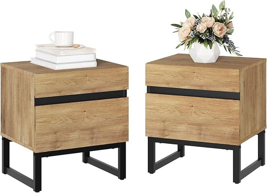 WAMPAT 2 Piece Modern End Table with 2 Drawers, Farmhouse Sofa Table, Wooden Rustic Side Sofa Table Metal Leg for Living Room, Nighstand for Bedroom, Oak