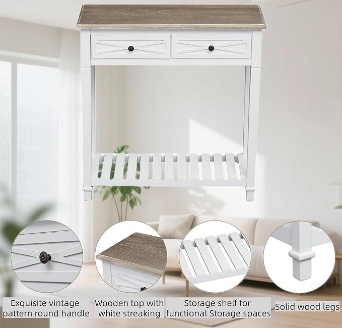 KINTNESS Console Table with 2 Drawers, Farmhouse Sofa End Table with Shelves for Entryway Living Room Hallway, White