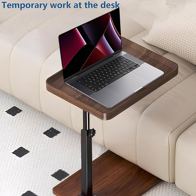 C Table End Table Adjustable Height, 360°Swivel TV Tray Table for Small Spaces, Side Tables with Wheels for Living Room and Bedroom, Bed (Walnut)