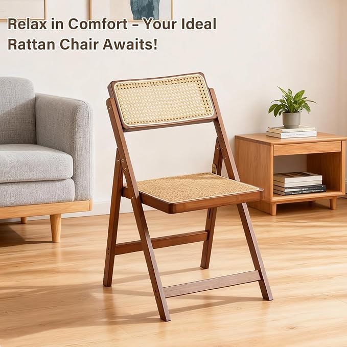 Rattan Folding Chair, Modern Mid Century Dining Chairs Set of 1, Comfy Outdoor Bamboo Chairs for Bedroom Living Room Reading Room Dining Kitchen, Walnut